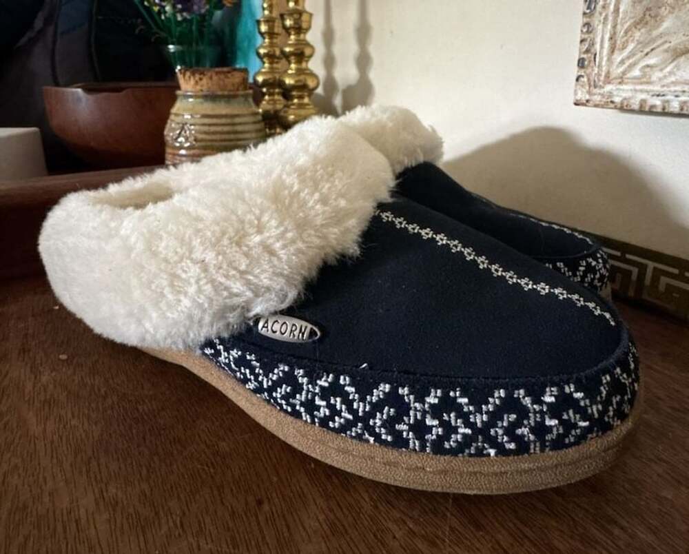 Acorn Greta Embroidered Hoodback Slippers Blue White Faux Fur
